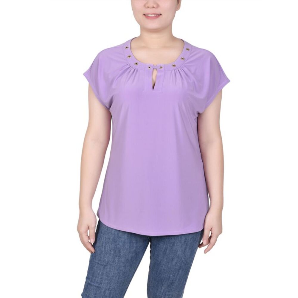 NY Collection Petite Grommet Neck Knit Short Extended Sleeve Top